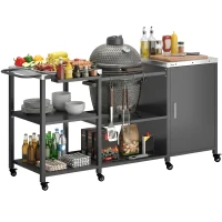 Outsunny Grill Table for Big Green Egg Grill, Heavy Duty Metal BBQ Prep Table with Stainless Steel Top and Storage Cabinet, Black(m-11)