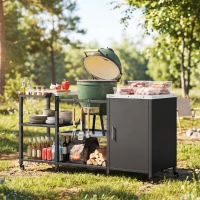 Outsunny Grill Table for Big Green Egg Grill, Heavy Duty Metal BBQ Prep Table with Stainless Steel Top and Storage Cabinet, Black(m-2)