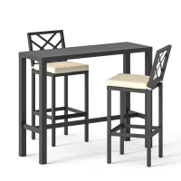 Outsunny 3 Piece Patio Bar Set, Outdoor Bar Table and Stools, Electrophoresis Steel Tabletop, X Back, Footrest, Cushions, Khaki(m-9)