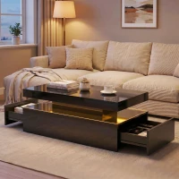 HOMCOM LED Coffee Table with Storage, 2-Tier Modern Center Table with 2 Drawers for Living Room, High Gloss Black(m-7)
