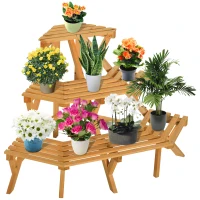 Outsunny Wooden Rustic 3-Tier Raised Plant Stand with Slatted Shelves Indoor & Outdoor Display Rack Plant Pot Organizer 37.75" x 25.25" x 24"(m-12)