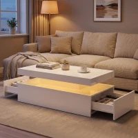 HOMCOM LED Coffee Table with Storage, 2-Tier Modern Center Table with 2 Drawers for Living Room, High Gloss White(m-7)