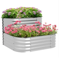 Outsunny 3.4'x3.4'x1' Outdoor Raised Garden Bed, 2-Tier Galvanized Planter Box with Safety Edging for Vegetable, Flower, Fruit(m-10)
