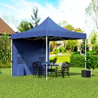 Outsunny 10' x 10' Heavy Duty Pop Up Canopy Tent with Sidewall, UPF50+ Instant Sun Shelter with Storage Pockets, Dark Blue(m-10)