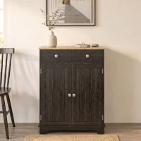 HOMCOM Kitchen Storage Cabinet, Sideboard Floor Cupboard with Solid Wood Top, Adjustable Shelf, and 2 Drawers, Distressed Black(m-2)