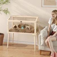 PawHut Wooden Hamster Cage, Hamster Habitat with Openable Top, Seesaws, Platforms, Water Bottle for Gerbils, 43.3"x20.5"x39.8"(m-1)