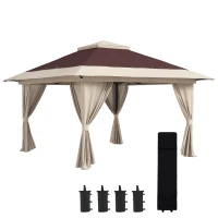 Outsunny 13' x 13' Pop Up Gazebo Instant Canopy Tent Shelter with 2-Tier Roof, Carry Bag, Wight Bags for Outdoor, Garden, Brown(m-11)