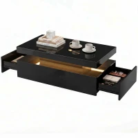 HOMCOM LED Coffee Table with Storage, 2-Tier Modern Center Table with 2 Drawers for Living Room, High Gloss Black(m-2)
