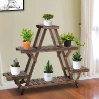 Outsunny Outdoor Plant Stand w/ Wheels and Brakes, Mobile Wood Plant Shelf Flower Stand for Garden Balcony Backyard Corner Living Room, Brown(m-10)