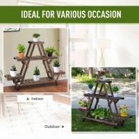 Outsunny Outdoor Plant Stand w/ Wheels and Brakes, Mobile Wood Plant Shelf Flower Stand for Garden Balcony Backyard Corner Living Room, Brown(m-6)