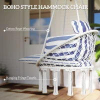 Outsunny Hammock Swing Chair, Macrame Hanging Chair with Large Cushion, Chain, Steel Frame for Indoor Outdoor Use, Blue and White(m-5)