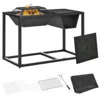 Outsunny 4-in-1 Fire Pit, BBQ Grill, Ice Bucket Cooler, Garden Table, with Cooking Grate, Log Grate & Waterproof Cover, Galvanized Steel Wood-Burning Fireplace with Spark Screen & Poker(m-1)