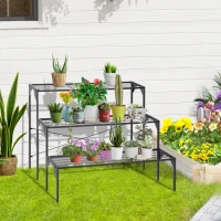 Outsunny Outdoor Plant Stand, 3 Tier Flower Stand, Metal Plant Shelf for Indoor Home & Outdoor Patio Balcony Yard Use(m-2)