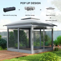Outsunny 12' x 12' Pop Up Canopy Sun Shade Instant Tent Folding with Mesh Sidewalls, 3-Level Adjustable Height and Storage Bag, Gray(m-4)