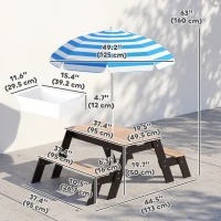 Qaba Kids Picnic Table with Umbrella, 3 in 1 Wooden Sand & Water Table with 2 Hidden Play Boxes for Patio, Ages 3-6(m-3)