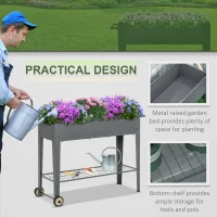 Outsunny 43" x 17" x 32" Raised Garden Bed Elevated with Wheels, Metal Elevated Planter Box with Bottom Shelf for Storing Tools & Water Drainage Hole, Grey(m-13)