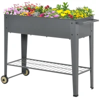 Outsunny 43" x 17" x 32" Raised Garden Bed Elevated with Wheels, Metal Elevated Planter Box with Bottom Shelf for Storing Tools & Water Drainage Hole, Grey(m-19)