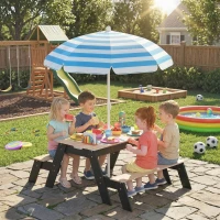 Qaba Kids Picnic Table with Umbrella, 3 in 1 Wooden Sand & Water Table with 2 Hidden Play Boxes for Patio, Ages 3-6(m-1)