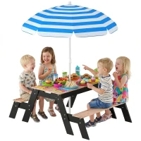 Qaba Kids Picnic Table with Umbrella, 3 in 1 Wooden Sand & Water Table with 2 Hidden Play Boxes for Patio, Ages 3-6(m-2)