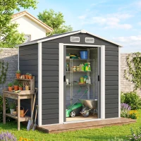 Outsunny 7' x 4' Outdoor Storage Shed, Metal Garden Shed with Lockable Doors and Gloves for Backyard, Garden, Patio, Dark Grey(m-8)