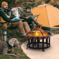 Outsunny 30" Outdoor Fire Pits, Copper-Colored Round Metal Camping Fire Pit, Firepit with Black Ornate Base, Poker, & Mesh Screen for Ember Protection(m-15)