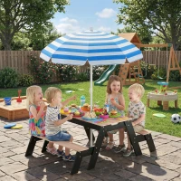 Qaba Kids Picnic Table with Umbrella, 3 in 1 Wooden Sand & Water Table with 2 Hidden Play Boxes for Patio, Ages 3-6(m-8)
