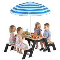 Qaba Kids Picnic Table with Umbrella, 3 in 1 Wooden Sand & Water Table with 2 Hidden Play Boxes for Patio, Ages 3-6(m-9)