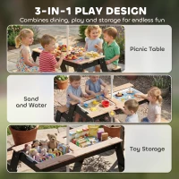 Qaba Kids Picnic Table with Umbrella, 3 in 1 Wooden Sand & Water Table with 2 Hidden Play Boxes for Patio, Ages 3-6(m-4)