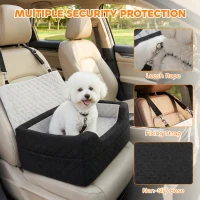 PawHut Dog Car Seat, Dog Booster Car Seat Washable with Adjustable Safety Leash, Storage Pockets for Small Under 10kg, Grey(m-4)