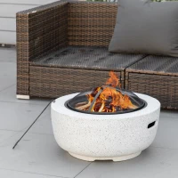 Outsunny 24" Outdoor Fire Pit with Stone Effect, Wood-burning Firepit Fireplace with Spark Screen and Poker for Backyard Camping Bonfire, Gray(m-1)