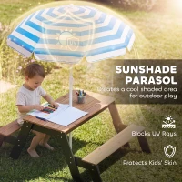 Qaba Kids Picnic Table with Umbrella, 3 in 1 Wooden Sand & Water Table with 2 Hidden Play Boxes for Patio, Ages 3-6(m-5)