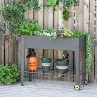 Outsunny 43" x 17" x 32" Raised Garden Bed Elevated with Wheels, Metal Elevated Planter Box with Bottom Shelf for Storing Tools & Water Drainage Hole, Grey(m-10)