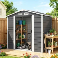 Outsunny 7' x 4' Outdoor Storage Shed, Metal Garden Shed with Lockable Doors and Gloves for Backyard, Garden, Patio, Dark Grey(m-1)