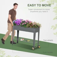 Outsunny 43" x 17" x 32" Raised Garden Bed Elevated with Wheels, Metal Elevated Planter Box with Bottom Shelf for Storing Tools & Water Drainage Hole, Grey(m-12)