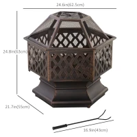 Outsunny 24.5" Outdoor Fire Pit with Mesh Lid, Portable Wood Burning Firebowl with Poker for Patio, Backyard, Bronze(m-3)