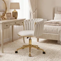 HOMCOM Office Chair, Vanity Chair with Woven Back, Adjustable Height, Rolling Wheels, Cream White(m-1)
