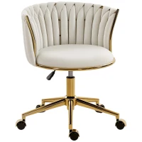 HOMCOM Office Chair, Vanity Chair with Woven Back, Adjustable Height, Rolling Wheels, Cream White(m-9)