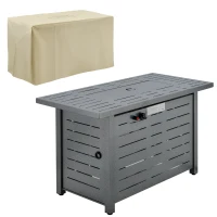Outsunny 42 Inch Outdoor Propane Gas Fire Pit Table, 50,000 BTU Auto-Ignition Rectangular Gas Firepit with Slat Tabletop, Lid, Lava Rocks, Rain Cover, CSA Certification, Black(m-11)