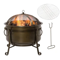 Outsunny 30" Outdoor Fire Pit Grill, Portable Steel Wood Burning Bowl, Cooking Grate, Poker, Spark Screen Lid for Patio, Backyard, BBQ, Camping, Bronze Colored(m-1)
