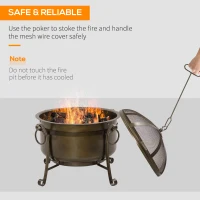Outsunny 30" Outdoor Fire Pit Grill, Portable Steel Wood Burning Bowl, Cooking Grate, Poker, Spark Screen Lid for Patio, Backyard, BBQ, Camping, Bronze Colored(m-6)