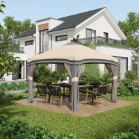Outsunny 10' x 10' Pop Up Canopy Tent with Netting, Instant Tents for Parties, Height Adjustable, with Wheeled Carry Bag and 4 Sand Bags for Outdoor, Garden, Patio, Beige(m-2)