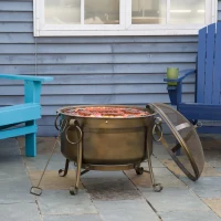 Outsunny 30" Outdoor Fire Pit Grill, Portable Steel Wood Burning Bowl, Cooking Grate, Poker, Spark Screen Lid for Patio, Backyard, BBQ, Camping, Bronze Colored(m-15)