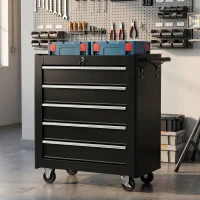 HOMCOM Rolling Tool Chest, 5-Drawer Lockable Tool Cabinet with 4 Wheels, Handle, Toolbox Storage Organizer for Garage, Workshop, Repair Shop, Black(m-8)