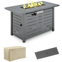 Outsunny 42 Inch Outdoor Propane Gas Fire Pit Table, 50,000 BTU Auto-Ignition Rectangular Gas Firepit with Slat Tabletop, Lid, Lava Rocks, Rain Cover, CSA Certification, Black(m-1)