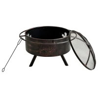 Outsunny 30" Outdoor Fire Pit with Screen Cover, Portable Wood Burning Firebowl Basin with Poker for Patio, Backyard, Black(m-8)