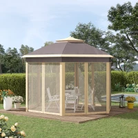 Outsunny 11' x 13' Pop Up Gazebo Canopy Tent with Zippered Mesh Sidewalls and Carrying Bag, Event Tent Shelter for Patio Garden Backyard, Beige(m-10)