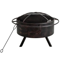 Outsunny 30" Outdoor Fire Pit with Screen Cover, Portable Wood Burning Firebowl Basin with Poker for Patio, Backyard, Black(m-13)