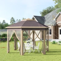 Outsunny 11' x 13' Pop Up Gazebo Canopy Tent with Zippered Mesh Sidewalls and Carrying Bag, Event Tent Shelter for Patio Garden Backyard, Beige(m-2)