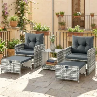 Outsunny 5 Piece Patio Furniture Set, Wicker Patio Chairs with Ottomans, 2-Tier Glass Coffee Table and Cushions, Grey/Dark Grey(m-9)
