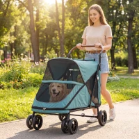 PawHut Dog Stroller Easy Fold Pet Stroller for Large Dogs Up to 66lbs with 4-Wheel Shock Absorption & One-Foot Brake Turquoise(m-8)